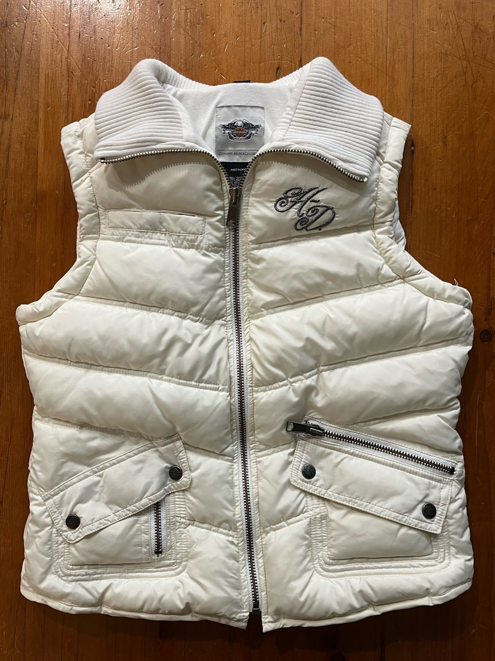 Harley Davidson Ivory Puffer Rib-knit Collar Embroidered Vest